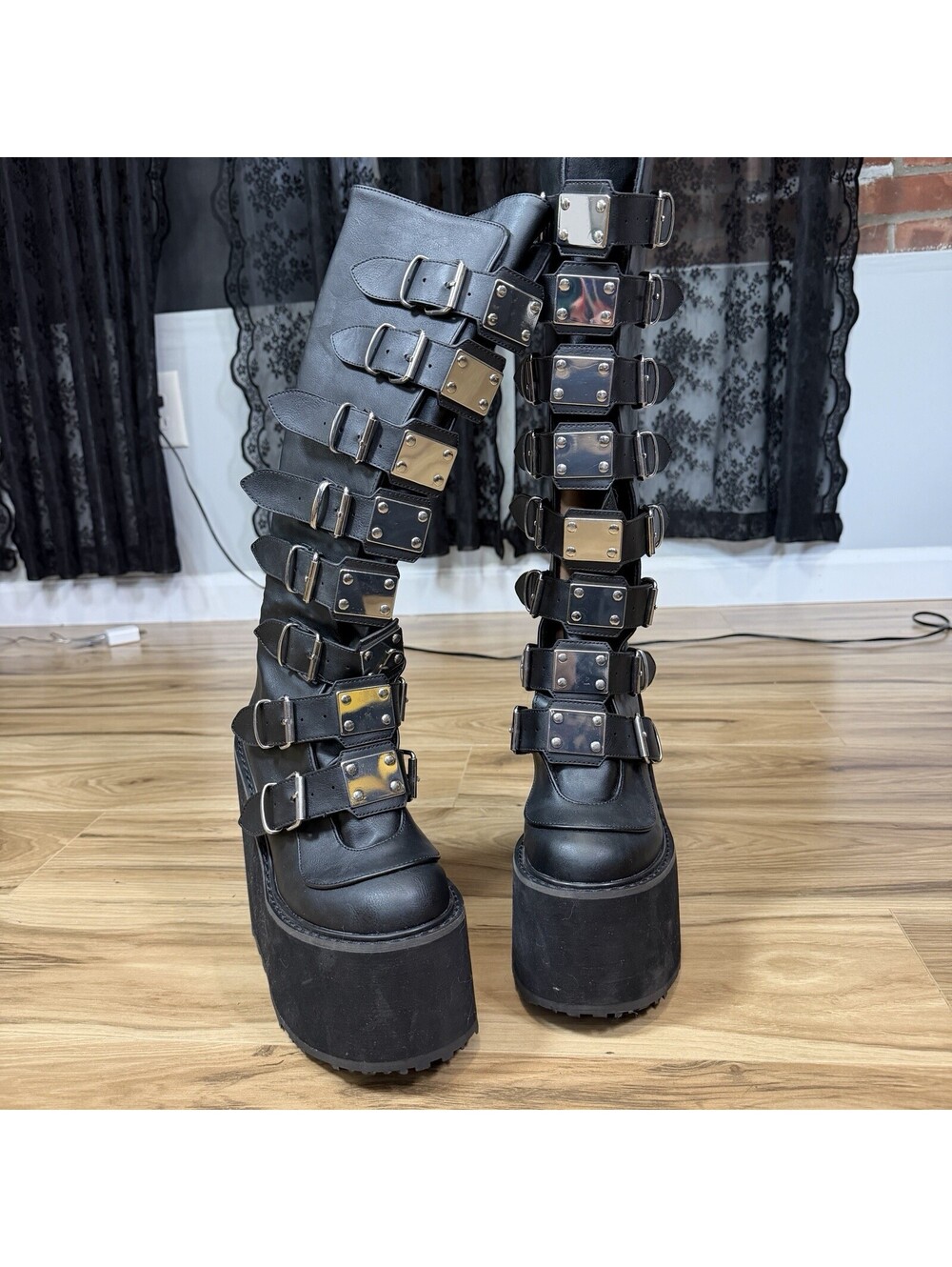 Demonia Swing-815 Knee High Platform Buckle Boots Black Goth Wedge Sz 7